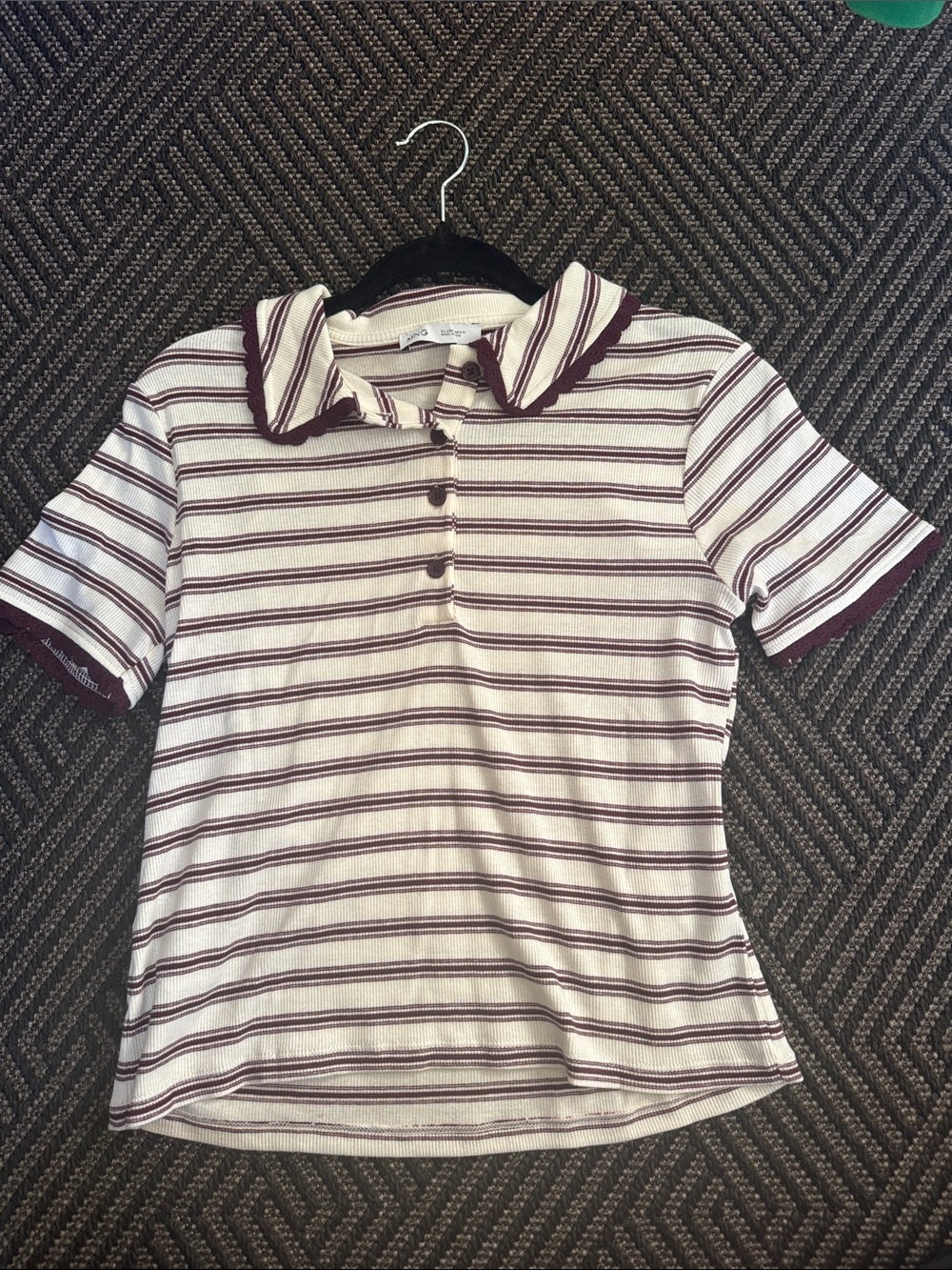 Mango Cream and Burgundy Striped Polo Top